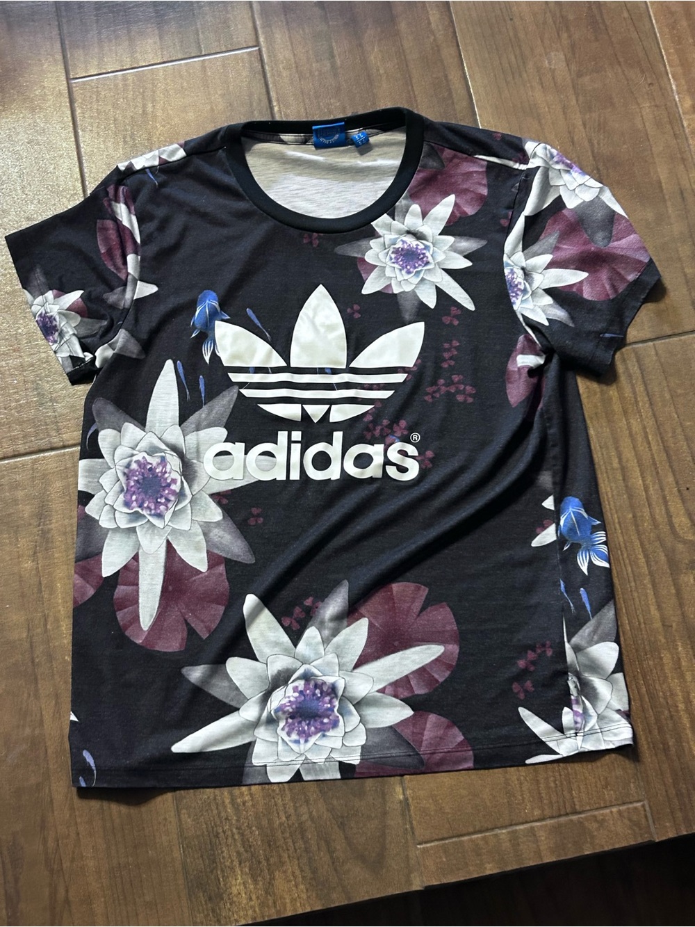adidas Black Tee with White Trefoil & Purple Floral Print